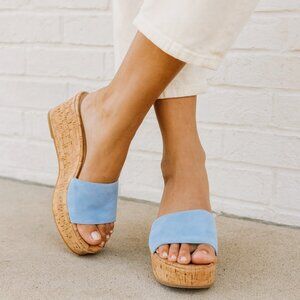 NWOT Stuart Weitzman Blue Suede Summer Wedge Platform Sandals 10B